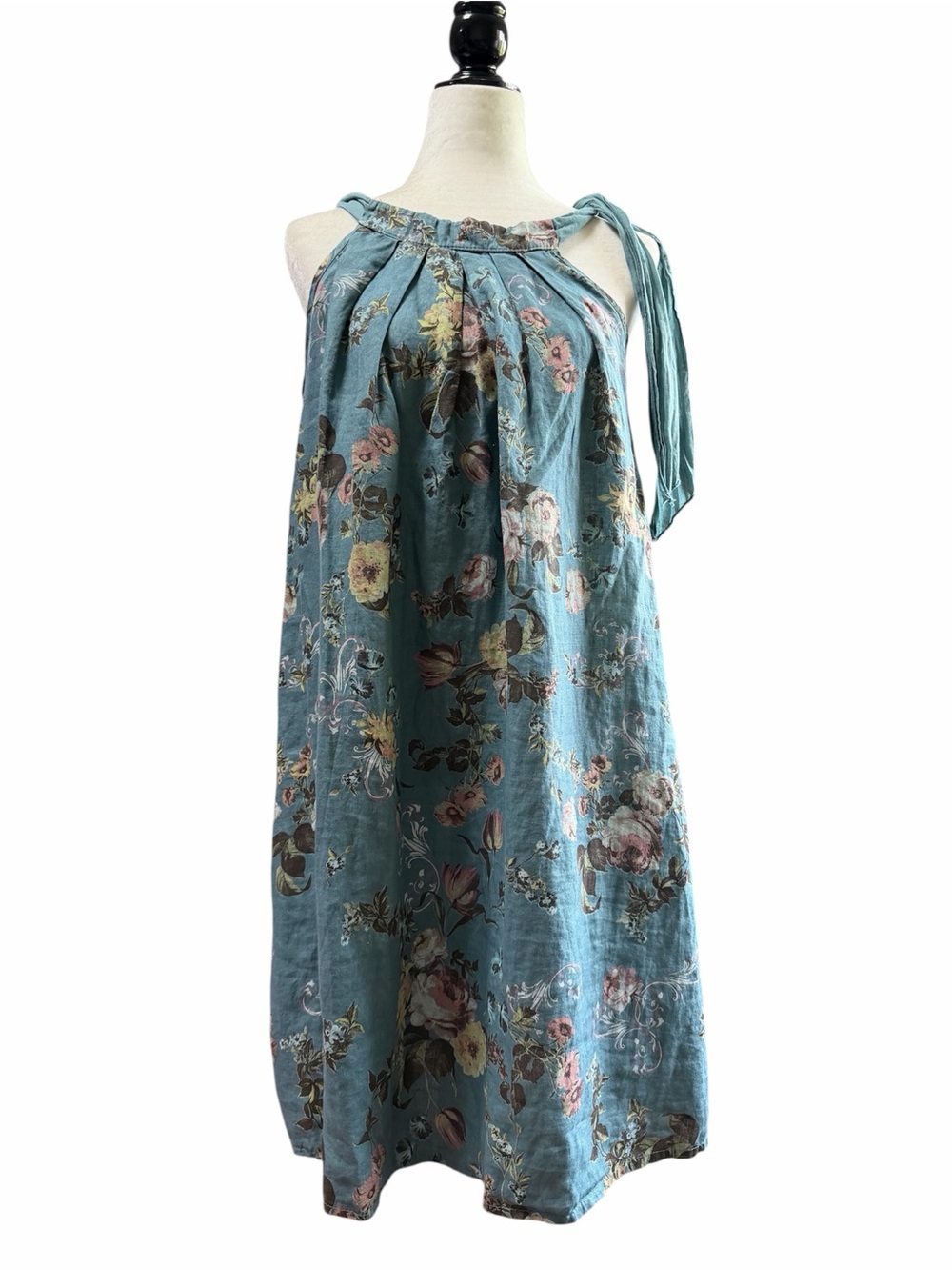 Bella Umbra Sleeveless Teal Floral Halter Linen Dress US S